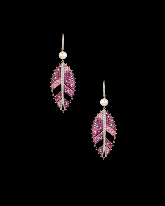 Glitterbomb leaf earrings in rubies and diamonds with a pearl accent. 