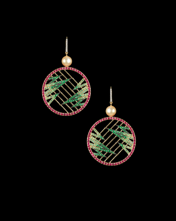  Zig Zag earrings in emeralds, rubies and diamonds with pearl accents.&nbsp; 