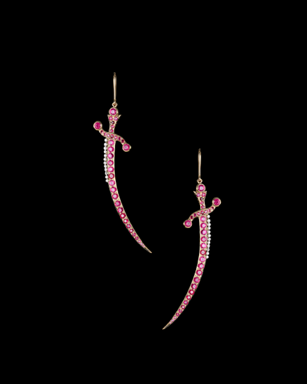 Talismanic Dagger earrings in rubies and diamonds.