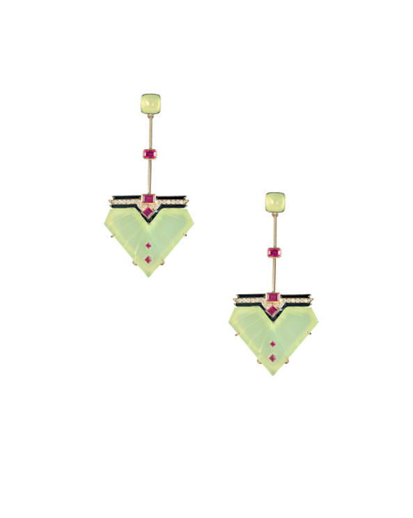  Bring it Back earrings in chalcedony, enamel, ruby and diamonds. 