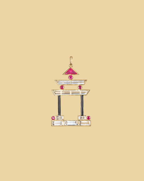  Pleasure Palace Pagoda pendant in rock crystal, ruby, enamel. 