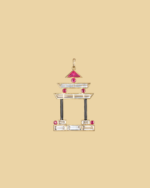 Pleasure Palace Pagoda pendant in rock crystal, ruby, enamel.
