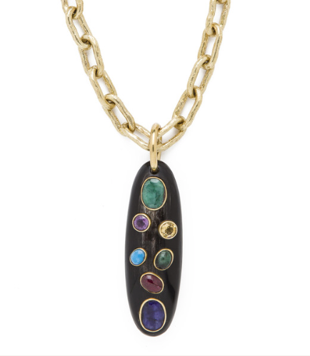  MACHOZI PENDANT $795 OVAL HORN PENDANT WITH SAPPHIRE, PINK TOURMALINE, EMERALD, TURQUOISE, CITRINE AND AMETHYST STONES 