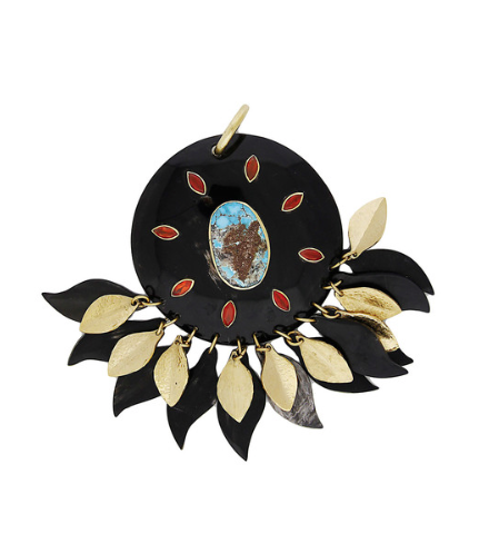  NDOTO PENDANT $995 MEDALLION HORN PENDANT WITH HAMMERED BRONZE AND HORN LEAVES AND TURQUOISE AND CARNELIAN STONES 