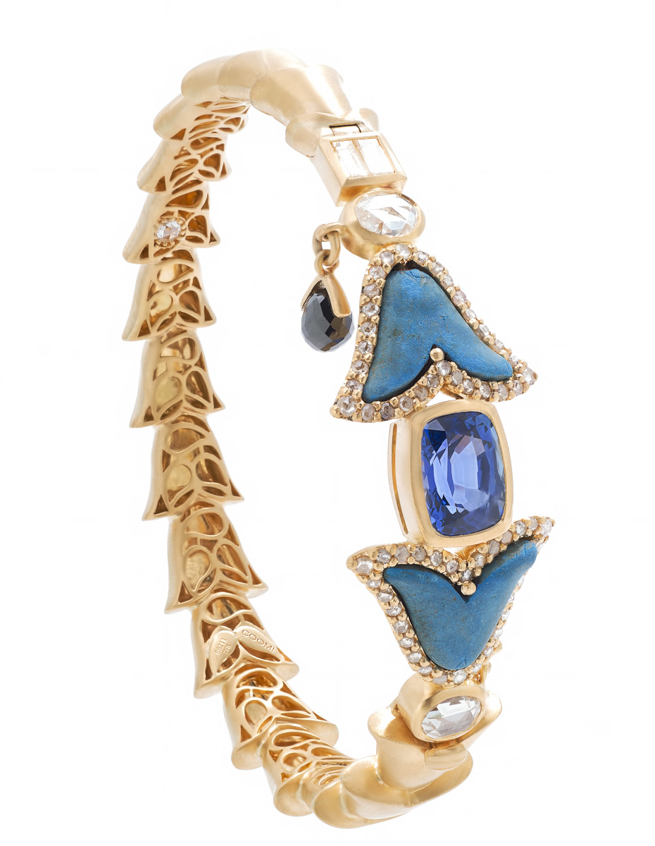 ANTIQUITY 20k gold bracelet with Egyptian blue lotus beads with sapphires and diamonds. 