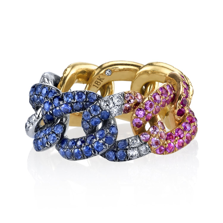  18k rose, white and yellow gold multi-color gemstone Rainbow Link ring, $5,250m available at  Just One Eye  