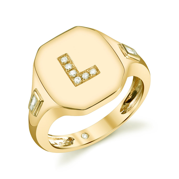  18k gold and diamond initial ring, available in rose, yellow and white gold, $1,670, available at London Jewelers 