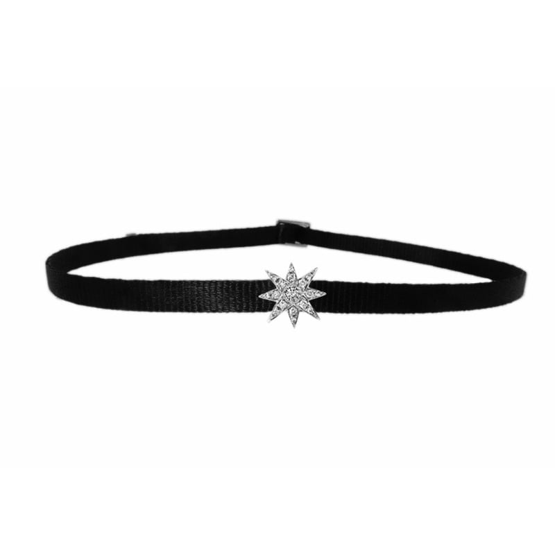 Celestial mini starburst choker in 18k white gold and diamonds on ribbon, $1,250, available at Saks Fifth Avenue
