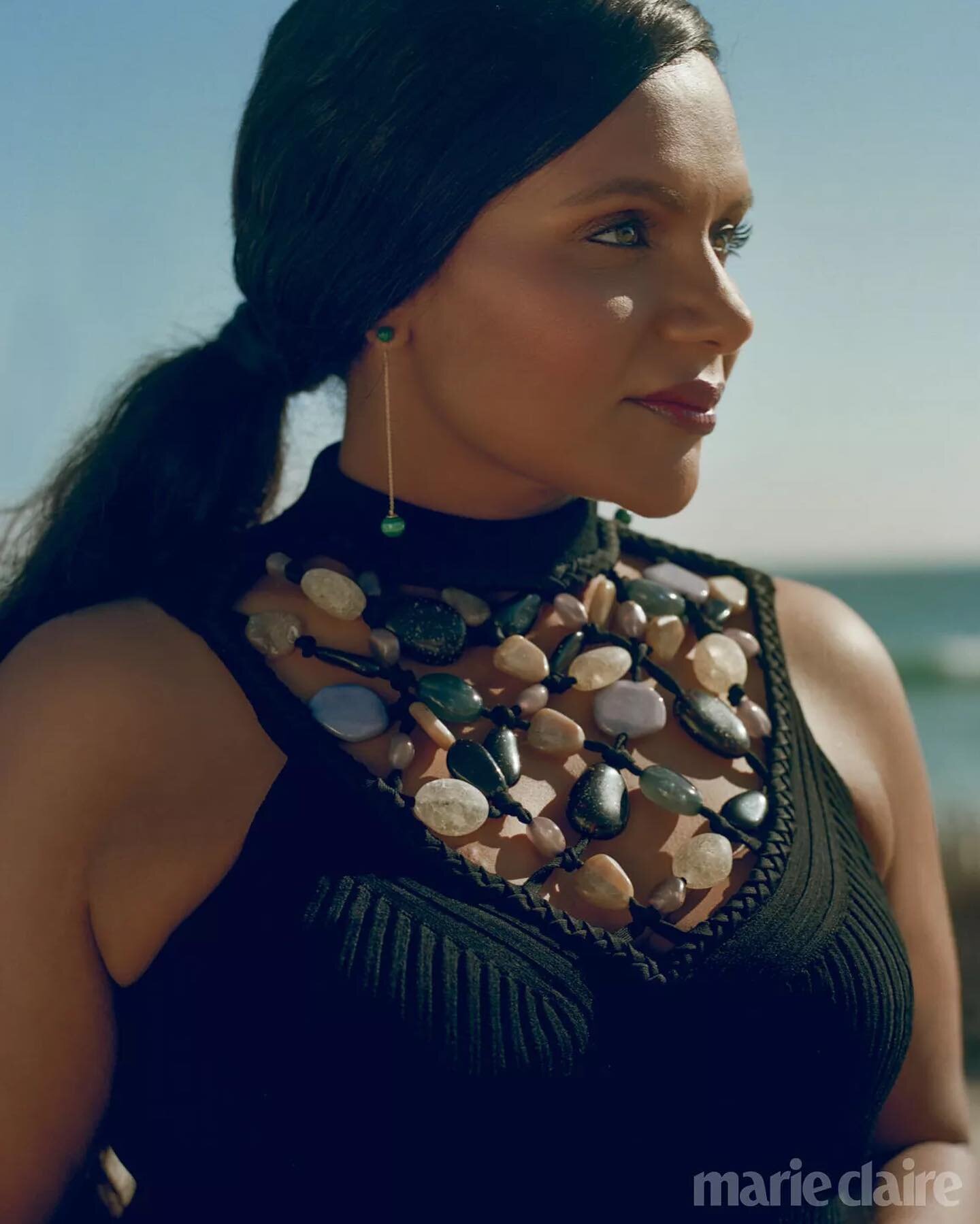 A stunning shot of @mindykaling wearing the @mateonewyork malachite Ball Drop earrings in this month&rsquo;s @marieclairemag digital cover story. Thank you to @hayley_atkin_  and @sarajonewyork 💚