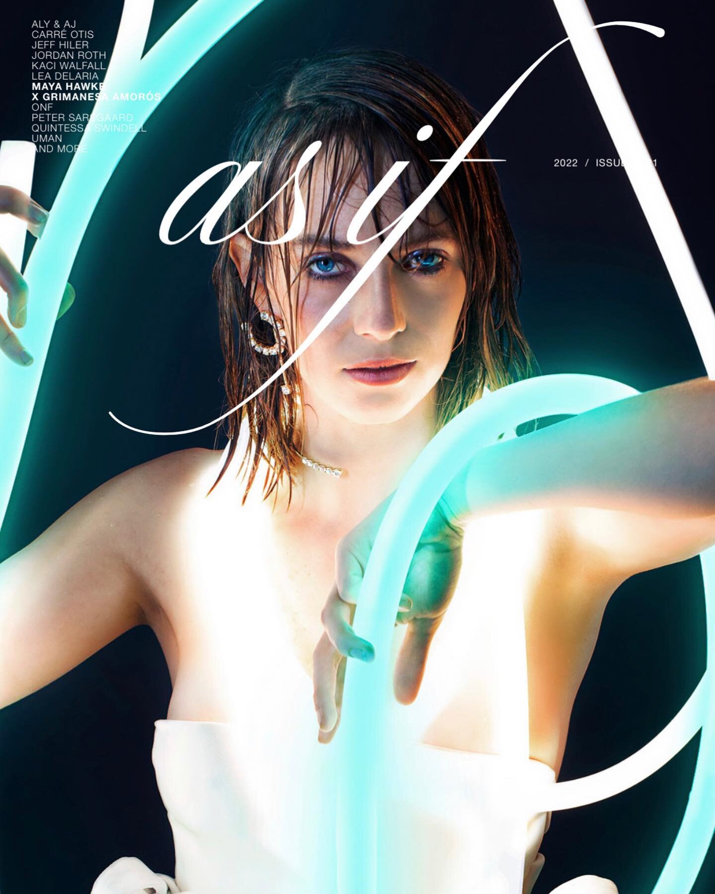 Radiant @maya_hawke wears @mateonewyork earrings and choker with diamonds from @debeersgroup on the cover of @asifmagazine. Swipe to see the one of a kind earrings &mdash; made in partnership with @radvocacy &mdash; go from sketch to finished product