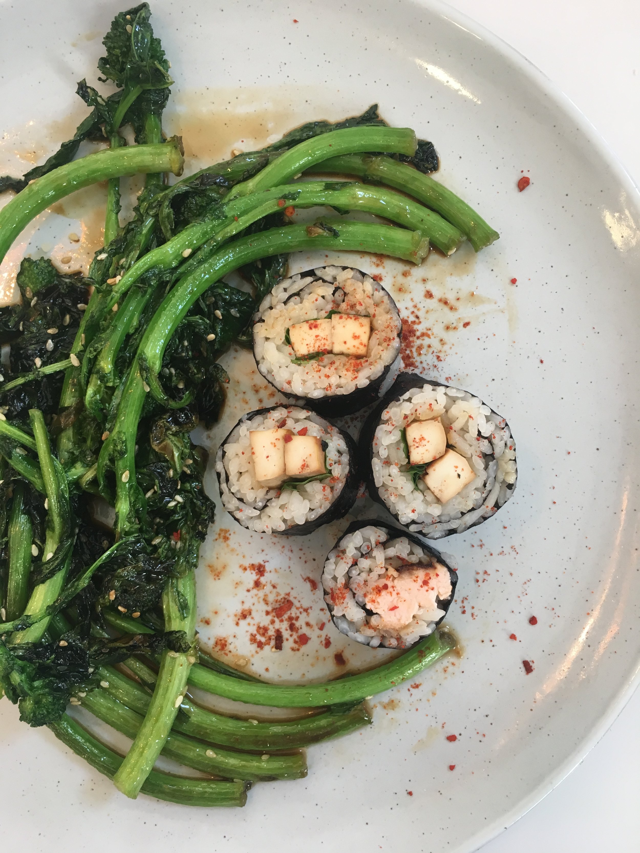 tofu rolls, sweet and spicy soy broccoli