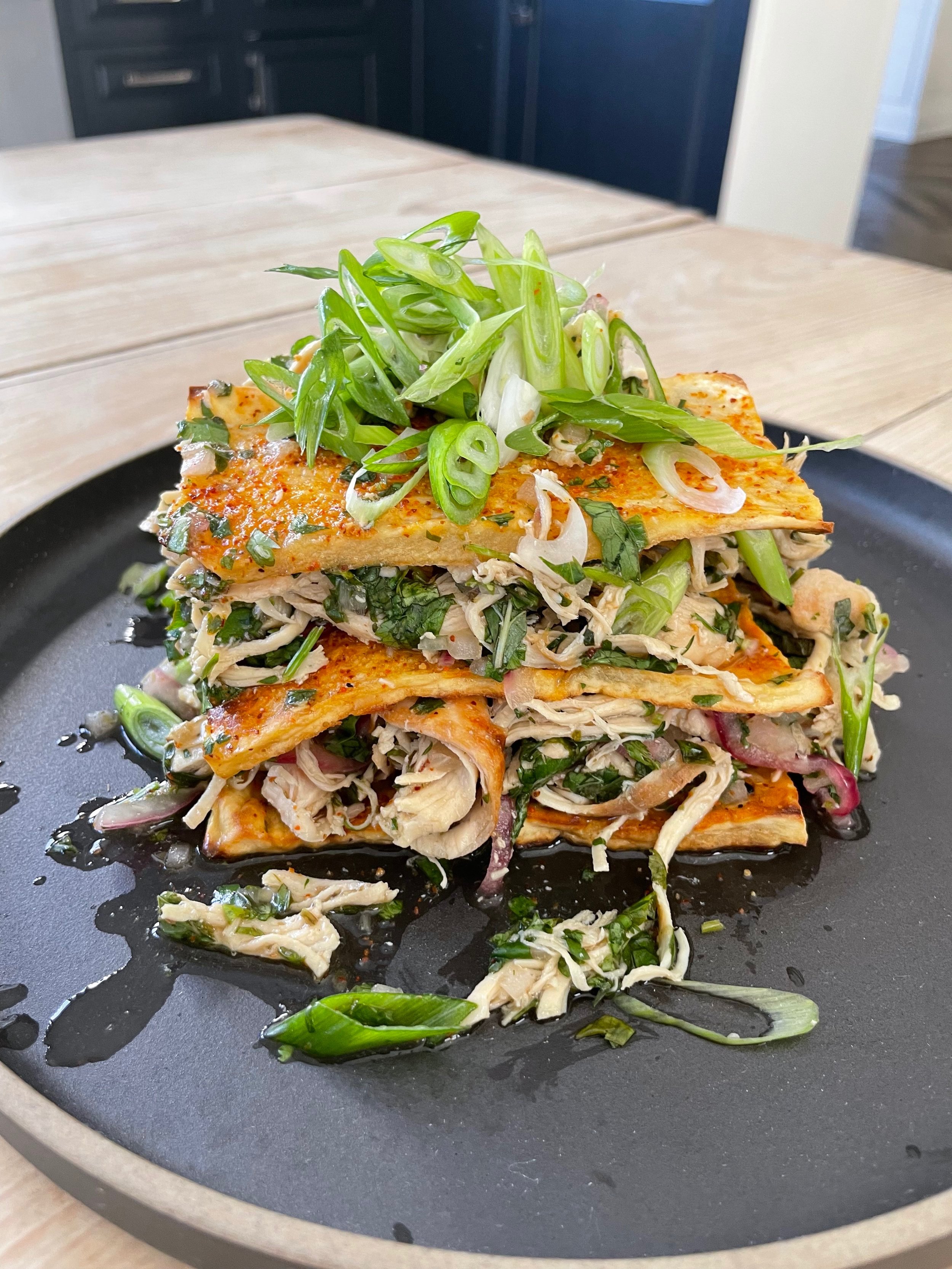 macros and calorie specific meal - Thai chicken layered with roasted Hannah potato sheets