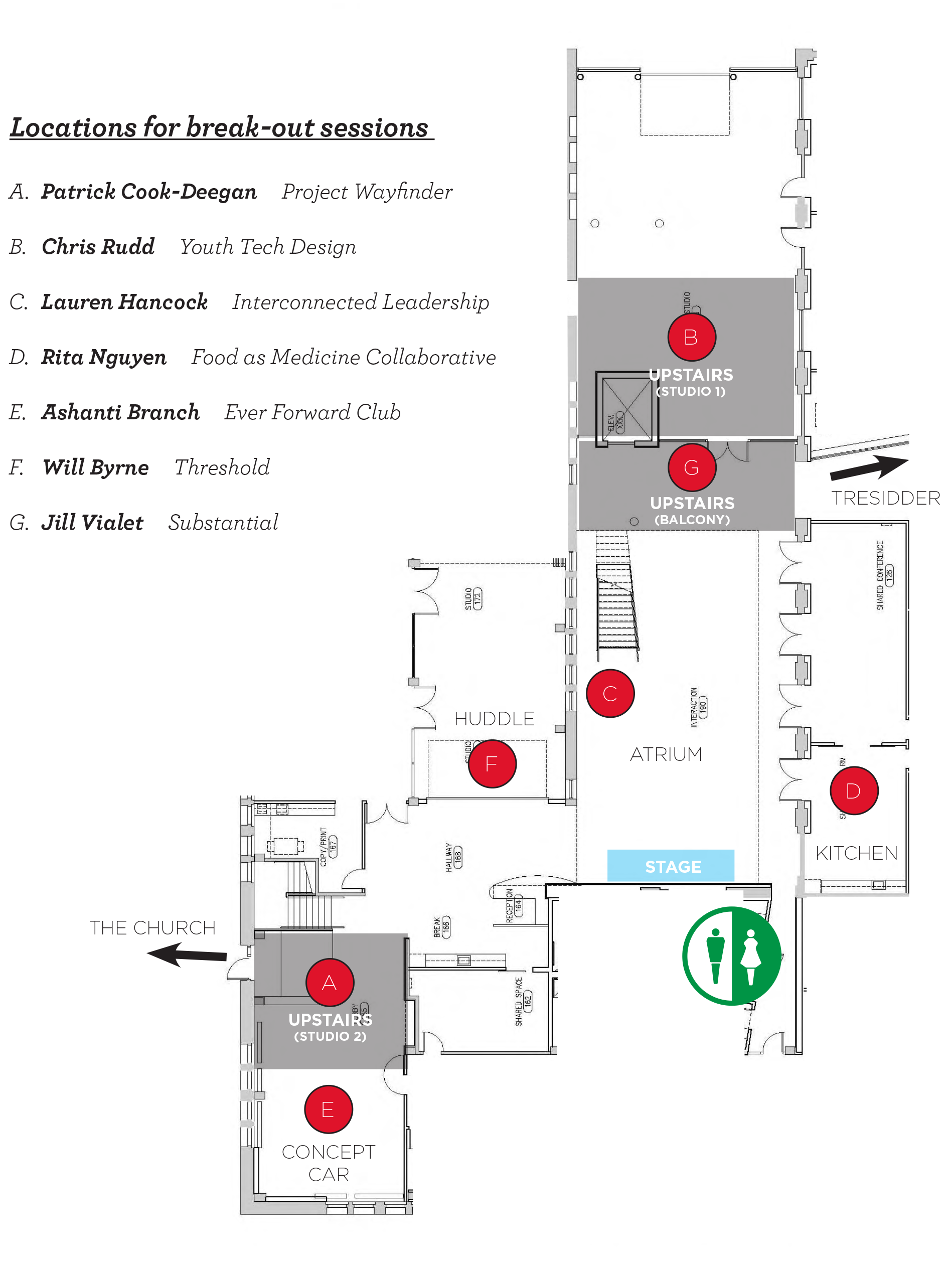 A map of where the fellows presented their experiences during "Lift Off!" at the Stanford d.school. 