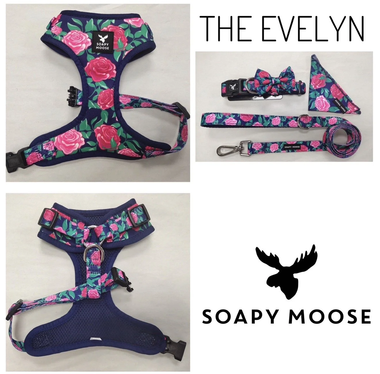 The Evelyn harness pink roses on navy background  (Copy)