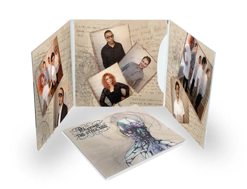 Sleeve design for Polygons cd, The Other Side. The artwork from the band’s friend who had pasted and his poetry/ writing. It also features photography of the band. The inside of the design is dark and the outside is light showing the duality of life.