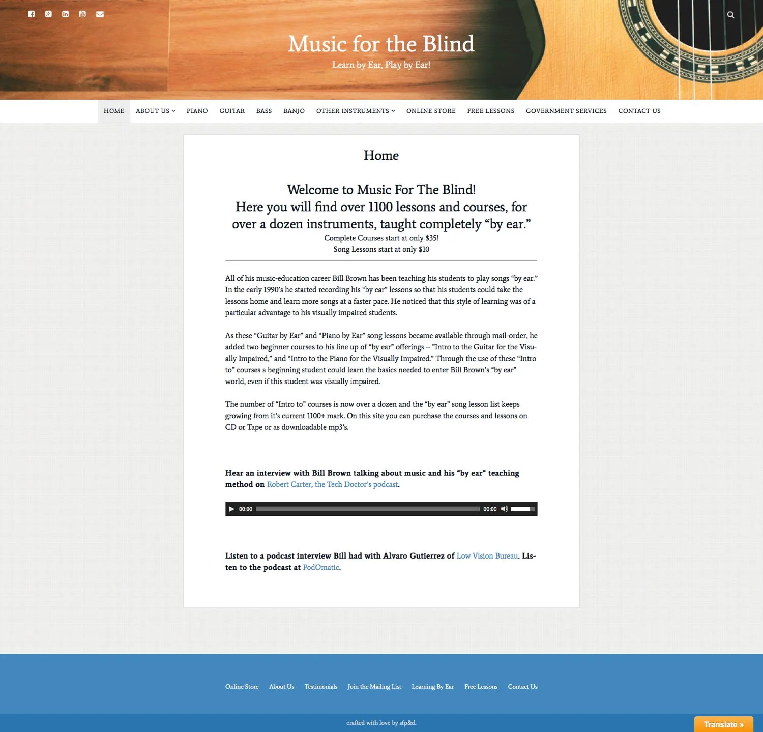 Homepage of the newly designed musicfortheblind.com