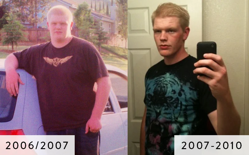 Left: Sean at almost 300lbs in high school, right: Sean after implementing a new health and fitness routine (but still frustratingly single with unfortunate style).
