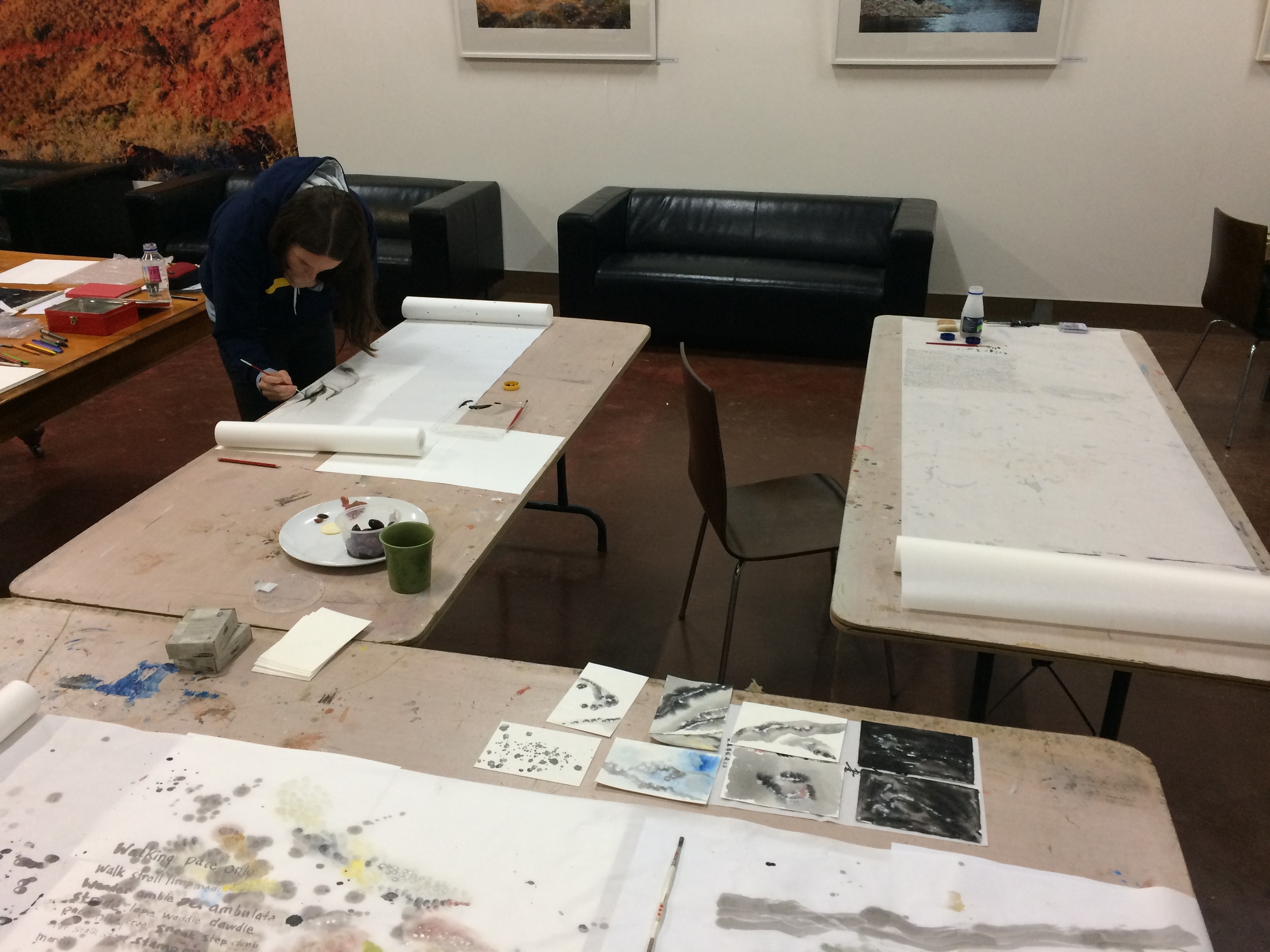 Jessica working on a long roll of rice paper - we used these scrolls like diaries to create drawings documenting our observations over the period we were working at Arkaroola.