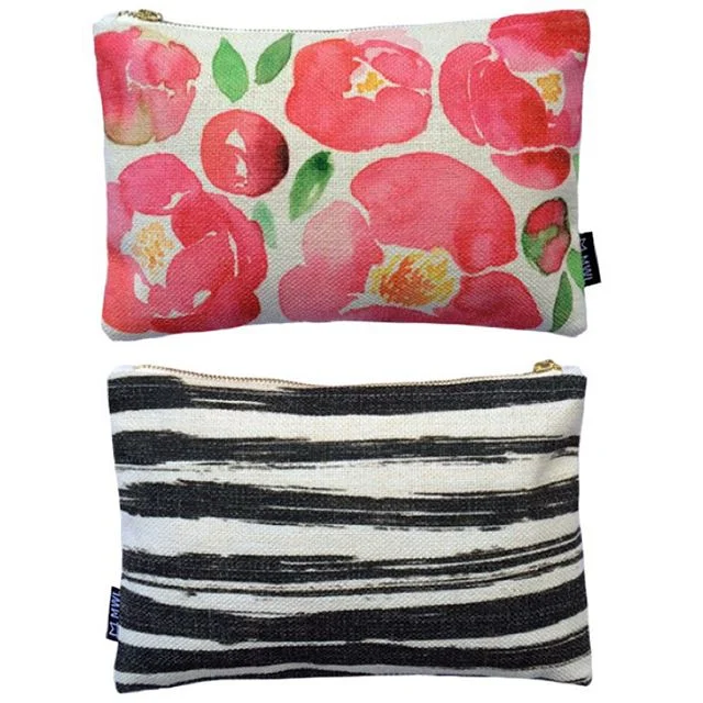 Secret Garden clutch - watercolour peonies (front) and black ink strokes (back)