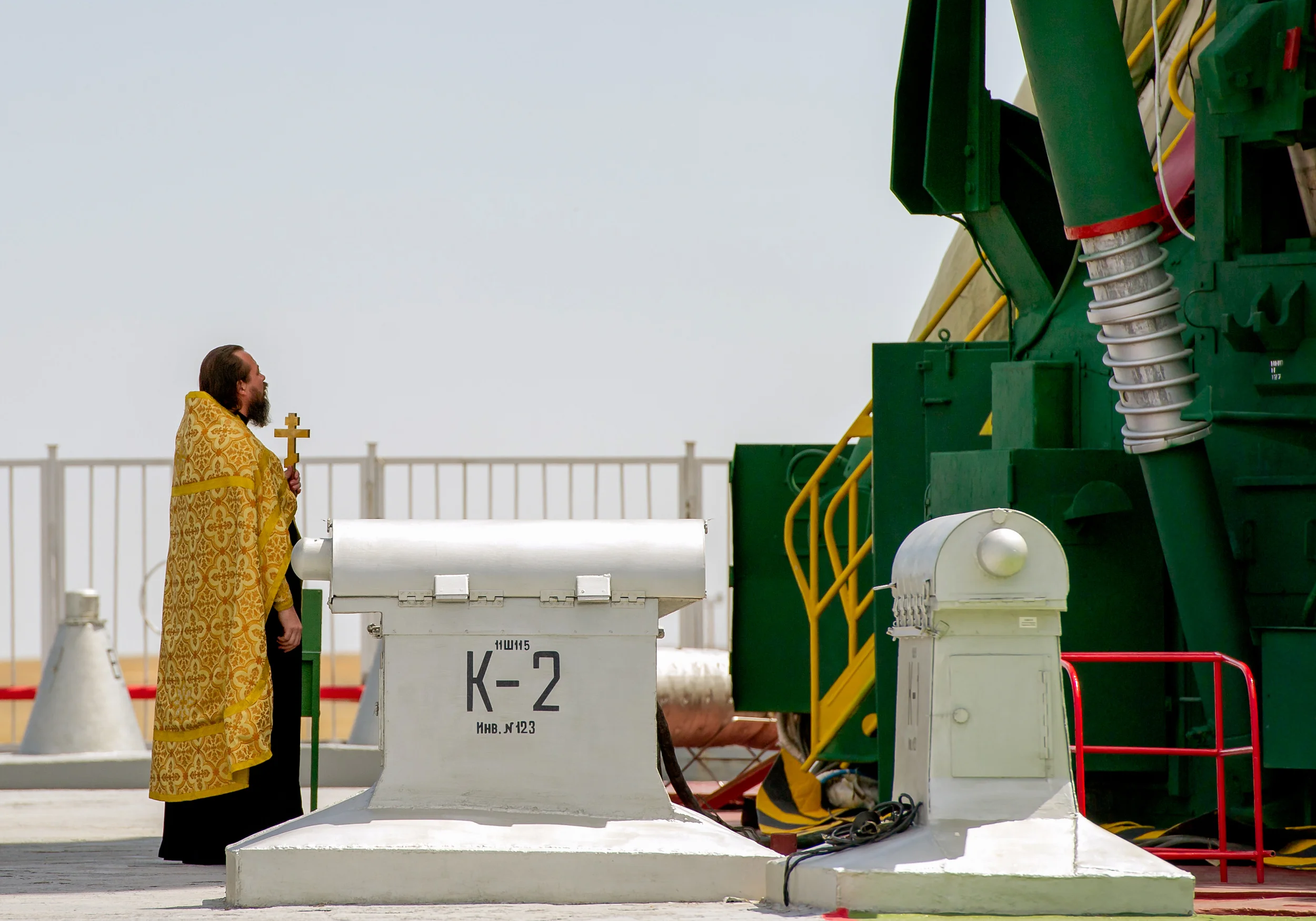 An Orthodox priest blesses the Soyuz rocket at the Baikonur Cosmodrome Launch pad on Friday, July 13, 2012 in Kazakhstan. The launch of the Soyuz spacecraft with Expedition 32 Soyuz Commander Yuri Malenchenko, NASA Flight Engineer Sunita Williams and JAXA (Japan Aerospace Exploration Agency) Flight Engineer Akihiko Hoshide is scheduled for the morning of Sunday, July 15, local time. (NASA/Carla Cioffi)