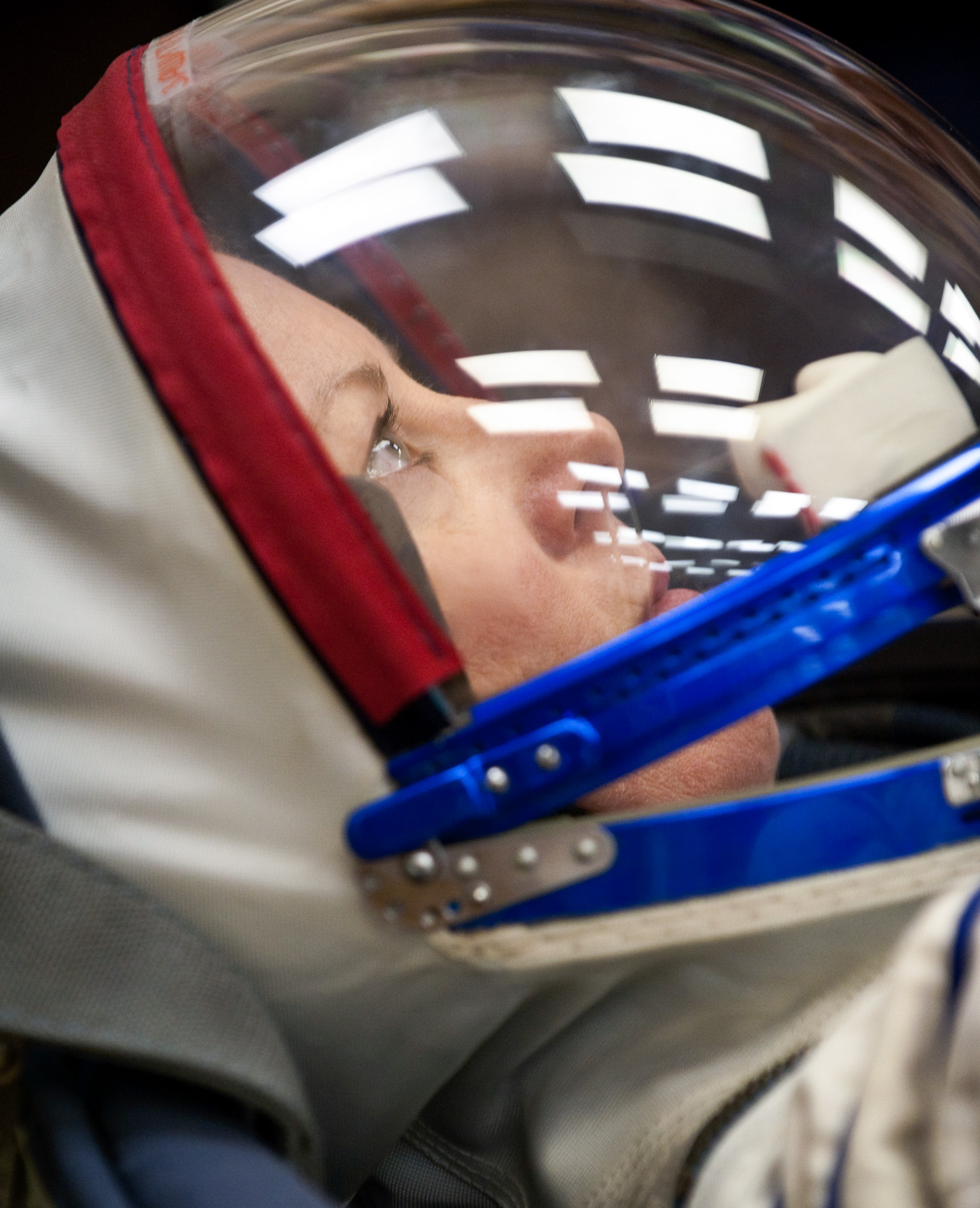  Expedition 23 NASA Flight Engineer Tracy Caldwell Dyson of the U.S. prepares to have her Russian Sokol suit pressure checked at the Baikonur Cosmodrome in Baikonur, Kazakhstan, Friday, April 2, 2010. Caldwell Dyson and fellow Expedition 23 crewmembe