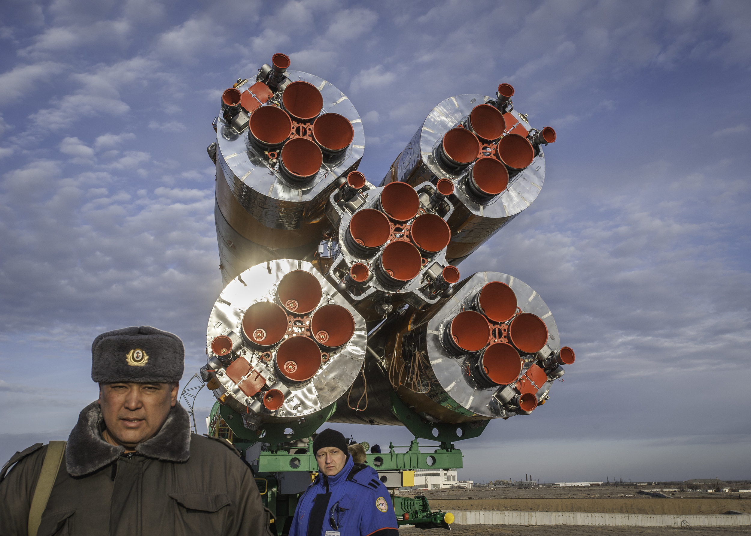  The Soyuz TMA-18 spacecraft is rolled out by train to the launch pad at the Baikonur Cosmodrome, Kazakhstan, Wednesday, March, 31, 2010. The launch of the Soyuz spacecraft with Expedition 23 Soyuz Commander Alexander Skvortsov of Russia, Flight Engi