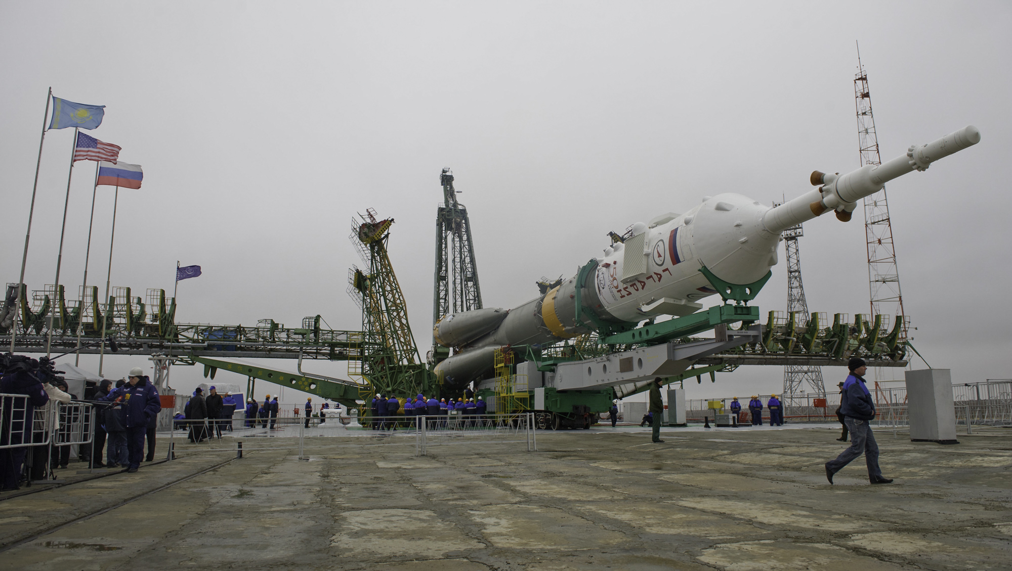  The Soyuz TMA-21 spacecraft is seen shortly after arriving at the launch pad Saturday, April 2, 2011 at the Baikonur Cosmodrome in Kazakhstan. The Soyuz, which has been dubbed “Gagarin”, is launching one week shy of the 50th anniversary of the launc