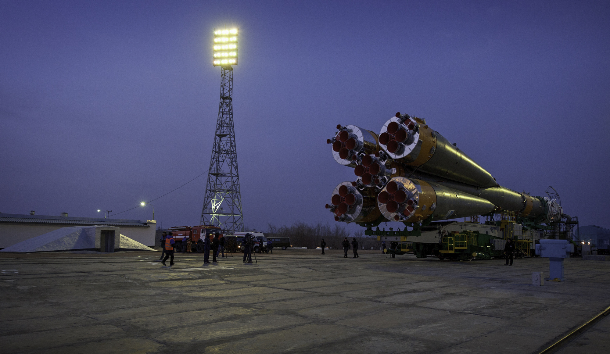  The Soyuz TMA-20 spacecraft is seen as it arrives at the launch pad Monday, Dec. 13, 2010 at the Baikonur Cosmodrome in Kazakhstan. The Soyuz is scheduled to launch the crew of Expedition 26 on Thursday, Dec. 16, 2010. (NASA/Carla Cioffi) 