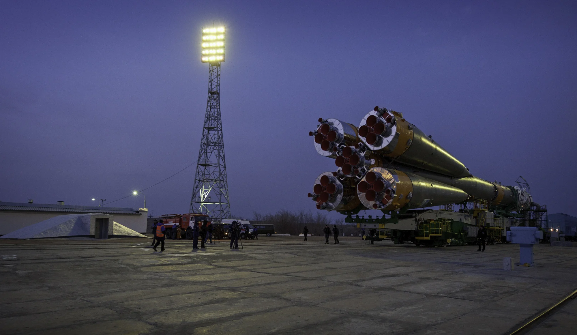 The Soyuz TMA-20 spacecraft is seen as it arrives at the launch pad Monday, Dec. 13, 2010 at the Baikonur Cosmodrome in Kazakhstan. The Soyuz is scheduled to launch the crew of Expedition 26 on Thursday, Dec. 16, 2010. (NASA/Carla Cioffi)