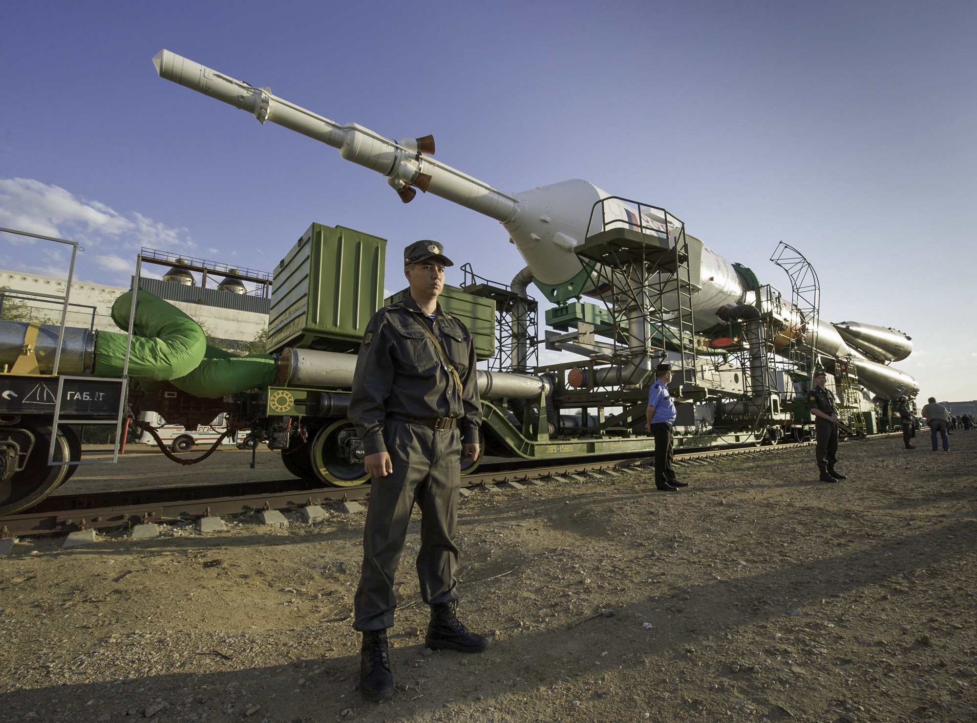  The Soyuz TMA-02M spacecraft is rolled out by train on its way to the launch pad at the Baikonur Cosmodrome, Kazakhstan, Sunday, June 5, 2011. The launch of the Soyuz spacecraft with Expedition 28 Soyuz Commander Sergei Volkov of Russia, NASA Flight