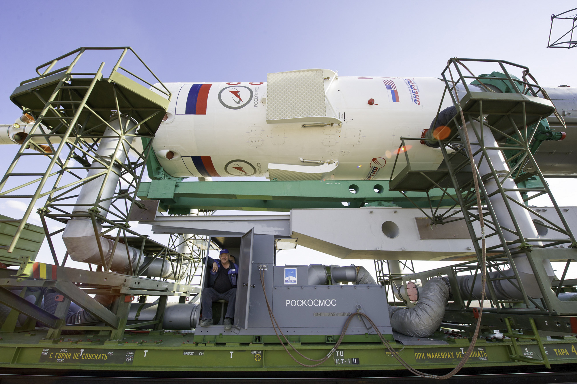  The upper stage of the Soyuz TMA-02M rocket in which the crew capsule is located is pictured here during the rollout of the rocket on Sunday, June 5, 2011 at the Baikonur Cosmodrome in Kazakhstan. (NASA/Carla Cioffi) 