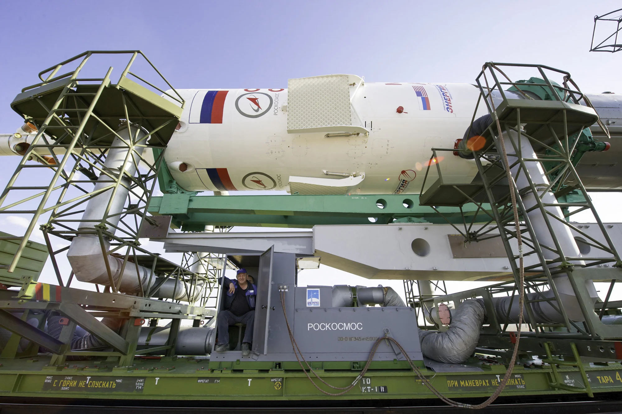 The upper stage of the Soyuz TMA-02M rocket in which the crew capsule is located is pictured here during the rollout of the rocket on Sunday, June 5, 2011 at the Baikonur Cosmodrome in Kazakhstan. (NASA/Carla Cioffi)