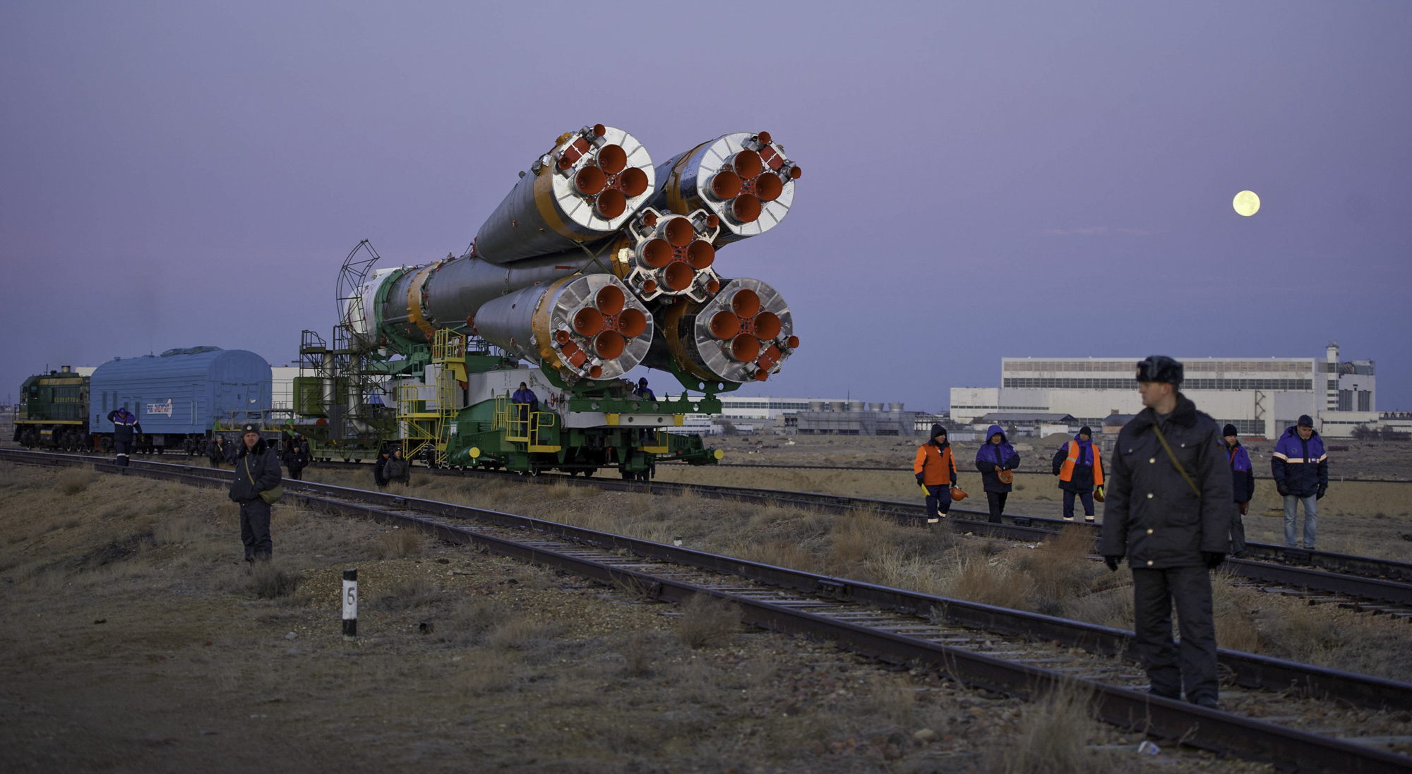  The Soyuz TMA-22 spacecraft is rolled out by train on its way to the launch pad at the Baikonur Cosmodrome, Kazakhstan, Friday, Nov. 11, 2011. The launch of the Soyuz spacecraft with Expedition 29 Soyuz Commander Anton Shkaplerov of Russia, NASA Fli