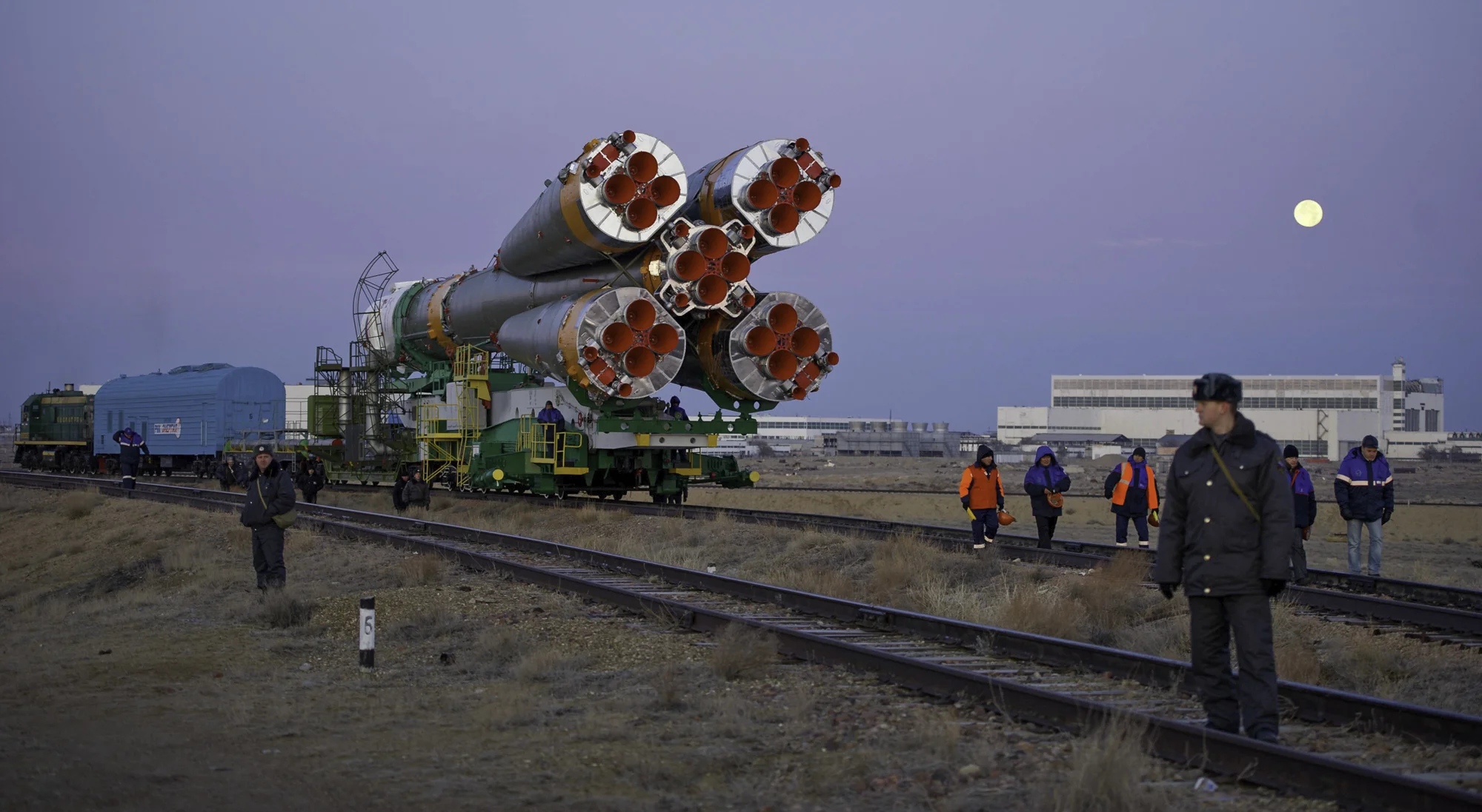 The Soyuz TMA-22 spacecraft is rolled out by train on its way to the launch pad at the Baikonur Cosmodrome, Kazakhstan, Friday, Nov. 11, 2011. The launch of the Soyuz spacecraft with Expedition 29 Soyuz Commander Anton Shkaplerov of Russia, NASA Flight Engineer Dan Burbank and Russian Flight Engineer Anatoly Ivanishin is scheduled for 10:14 a.m. local time on Monday, Nov. 14, 2011. (NASA/Carla Cioffi)