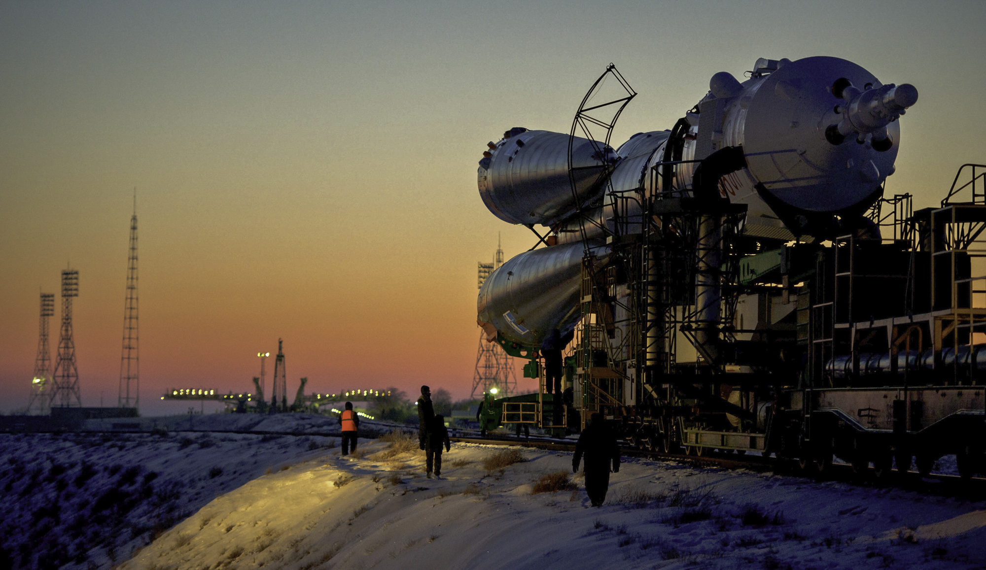  The Soyuz TMA-03M spacecraft is rolled out by train on its way to the launch pad at the Baikonur Cosmodrome, Kazakhstan, Monday, Dec. 19, 2011. The launch of the Soyuz spacecraft with Expedition 30 Soyuz Commander Oleg Kononenko of Russia, NASA Flig
