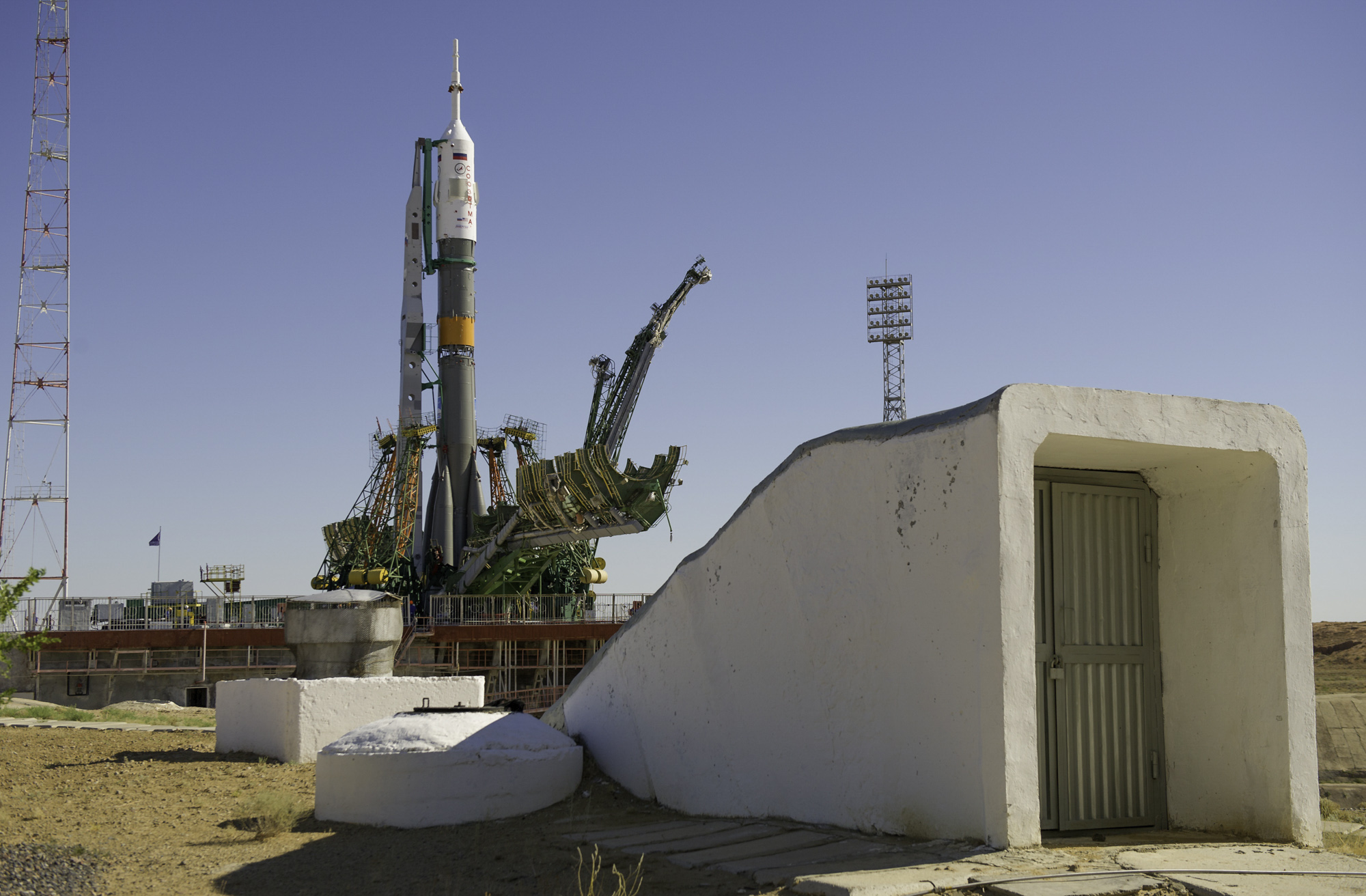  The Soyuz TMA-05M spacecraft is positioned near a bunker at the launch pad following its rollout, Thursday, July 12, 2012 at the Baikonur Cosmodrome in Kazakhstan. The launch of the Soyuz rocket is scheduled for the morning of July 15 local time. (N