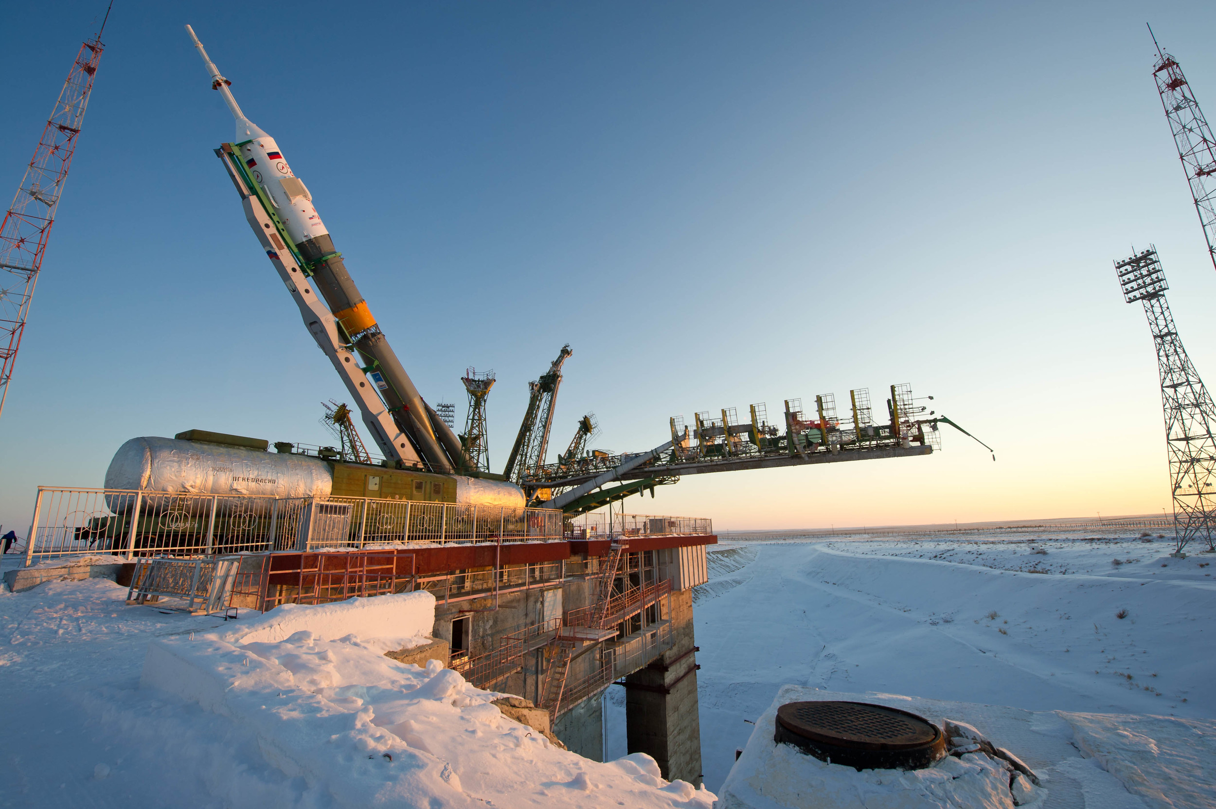  The Soyuz TMA-03M spacecraft is lifted on to the launch pad at the Baikonur Cosmodrome in Kazakhstan, Monday, Dec. 19, 2011. The rocket is being prepared for launch on December 21 to carry the crew of Expedition 30 to the International Space Station