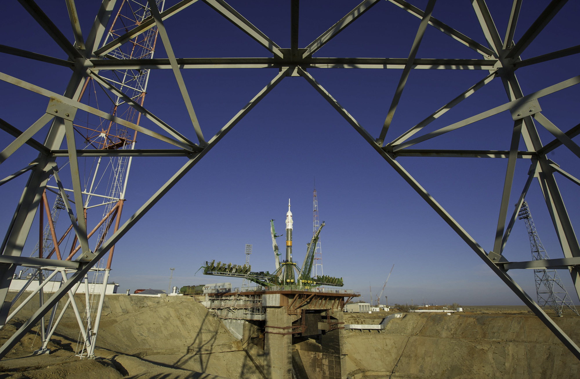  The Soyuz TMA-22 spacecraft is seen at the launch pad after being raised into vertical position on Friday, Nov. 11, 2011 at the Baikonur Cosmodrome in Kazakhstan. The launch of the Soyuz spacecraft with Expedition 29 Soyuz Commander Anton Shkaplerov