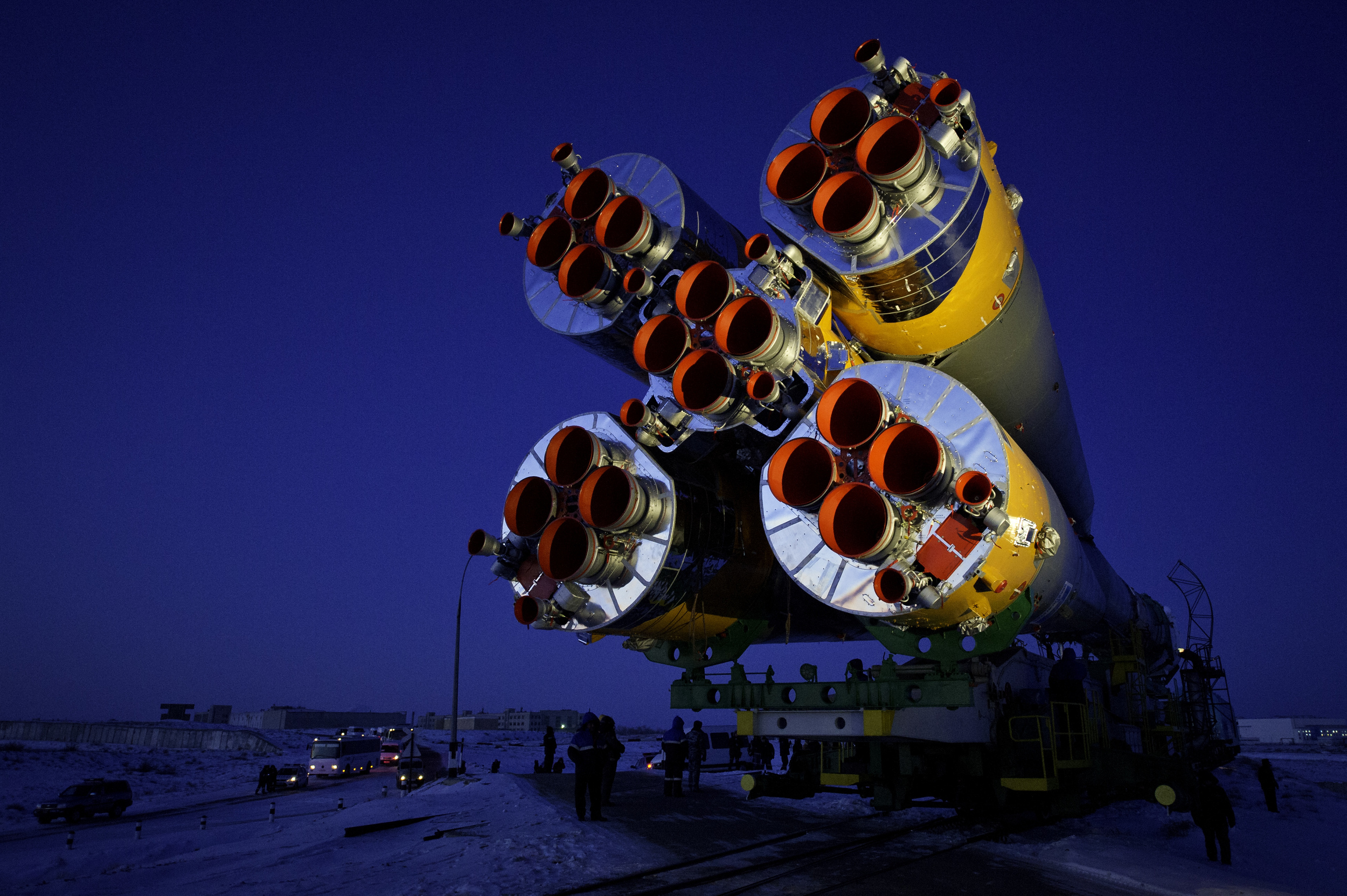  The Soyuz TMA-03M spacecraft is rolled out by train on its way to the launch pad at the Baikonur Cosmodrome, Kazakhstan, Monday, Dec. 19, 2011. The launch of the Soyuz spacecraft with Expedition 30 Soyuz Commander Oleg Kononenko of Russia, NASA Flig