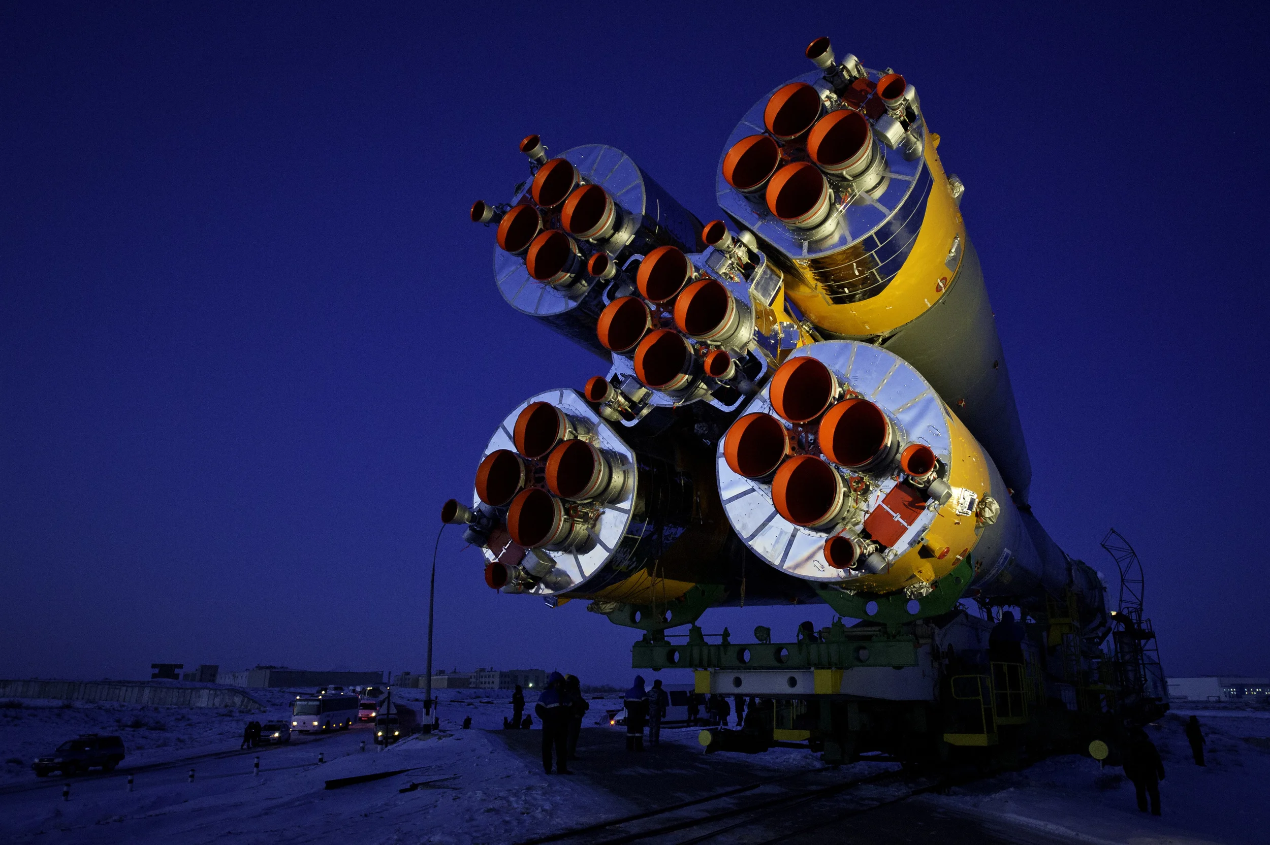 The Soyuz TMA-03M spacecraft is rolled out by train on its way to the launch pad at the Baikonur Cosmodrome, Kazakhstan, Monday, Dec. 19, 2011. The launch of the Soyuz spacecraft with Expedition 30 Soyuz Commander Oleg Kononenko of Russia, NASA Flight Engineer Don Pettit and ESA (European Space Agency) astronaut and Flight Engineer Andre Kuipers is scheduled for 7:16 p.m. local time on Wednesday, December 21. (NASA/Carla Cioffi)