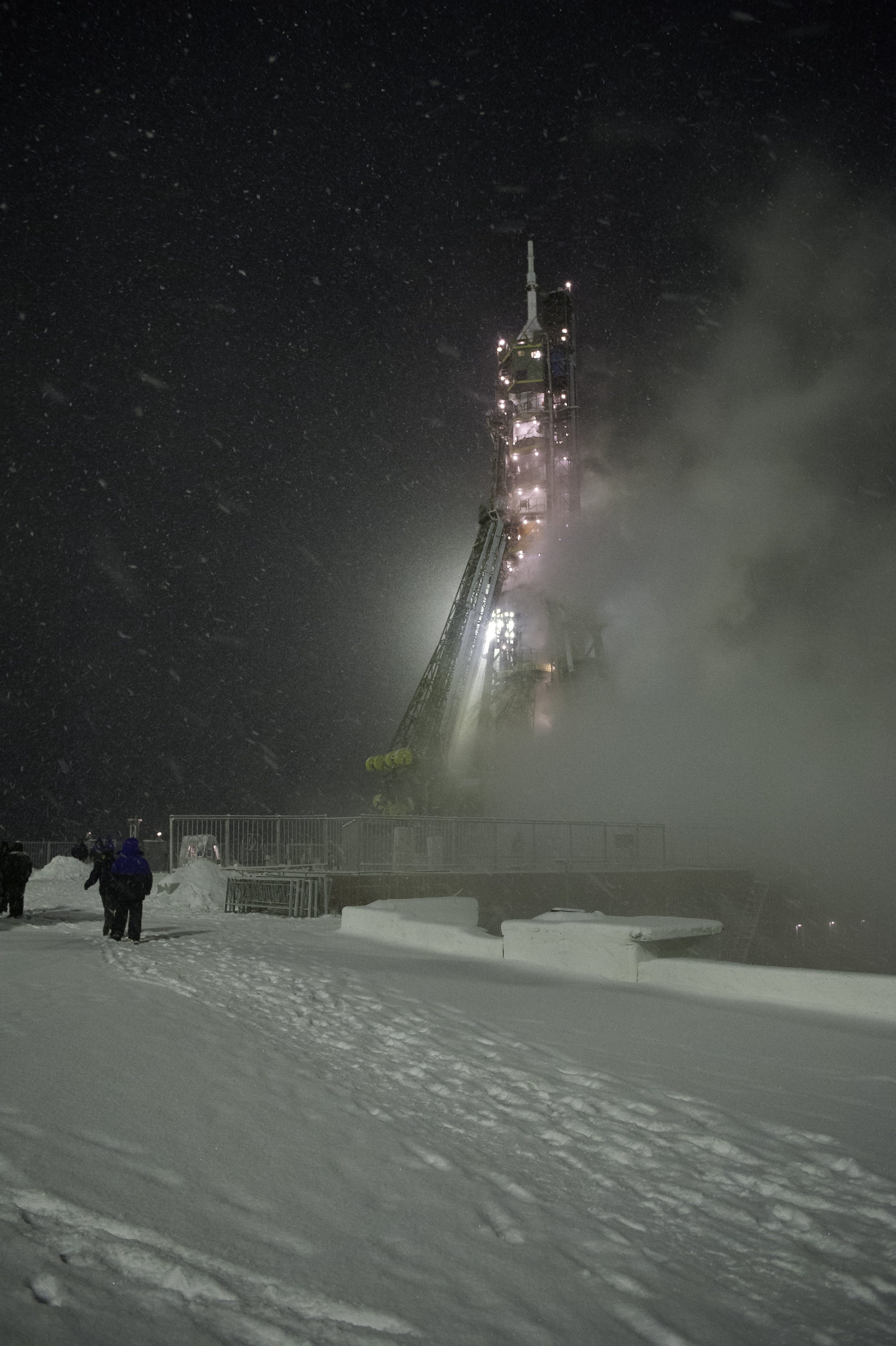  The Soyuz TMA-22 rocket is seen at the Soyuz launch pad during a snow storm the morning of the launch of Expedition 29 to the International Space Station at the Baikonur Cosmodrome in Kazakhstan, Monday, Nov. 14, 2011. (NASA/Carla Cioffi) 