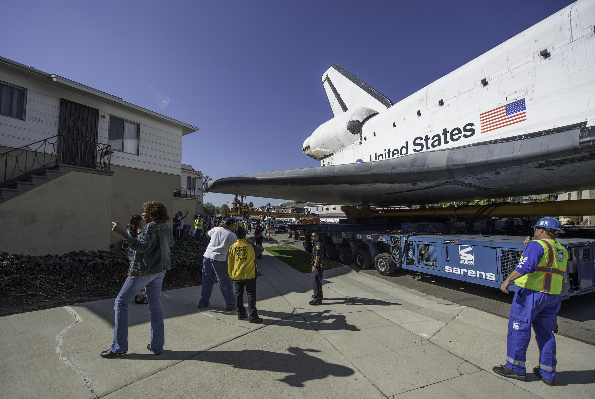  Space shuttle Endeavour is seen on the streets of Inglewood, CA as it narrowly passes a house on Saturday, Oct. 13, 2012. Endeavour, built as a replacement for space shuttle Challenger, completed 25 missions, spent 299 days in orbit, and orbited Ear