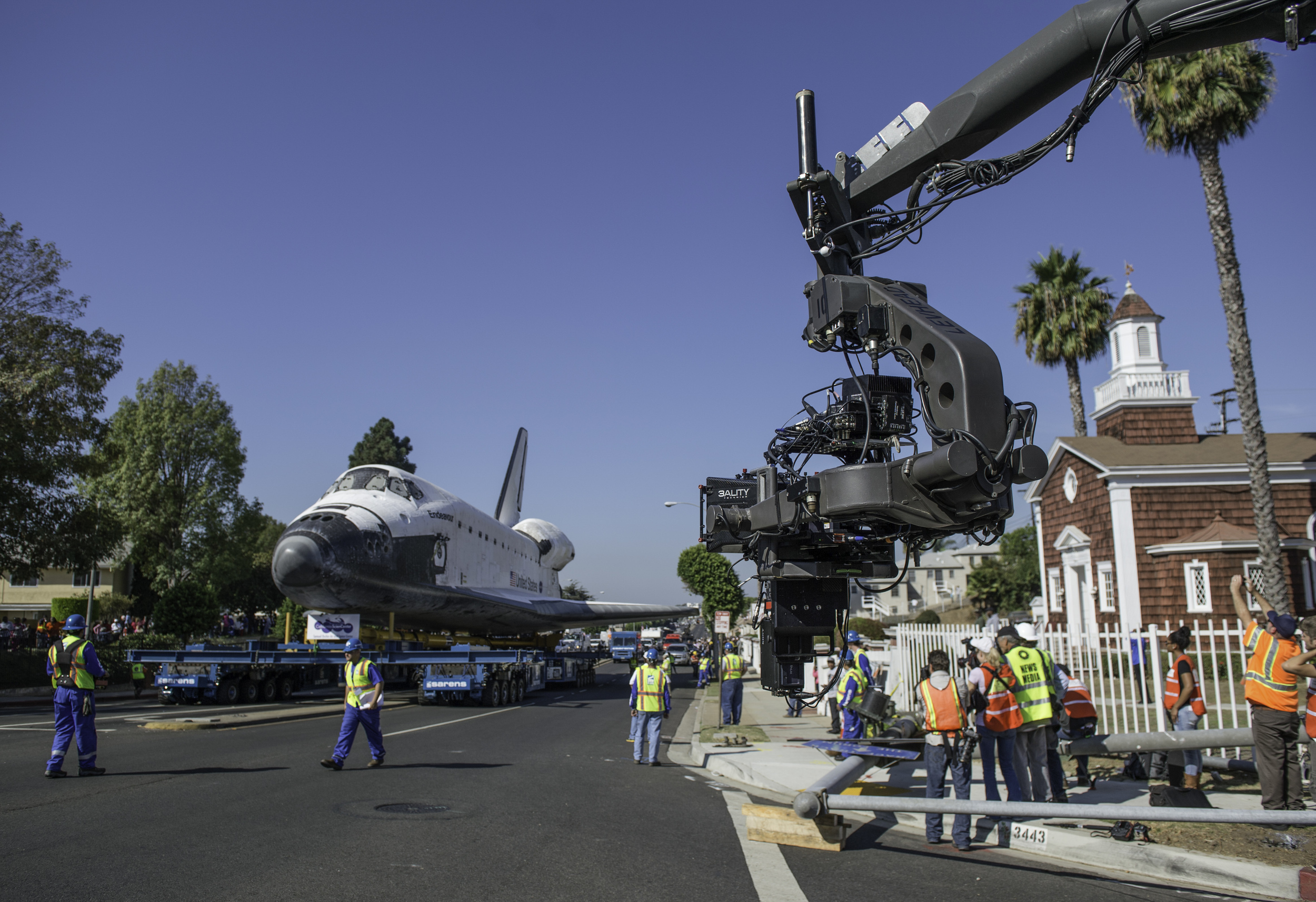  A 3D camera films the space shuttle Endeavour as it makes its way through the streets of Inglewood on its way to its new home at the California Science Center, Saturday, Oct. 13, 2012. Endeavour, built as a replacement for space shuttle Challenger, 