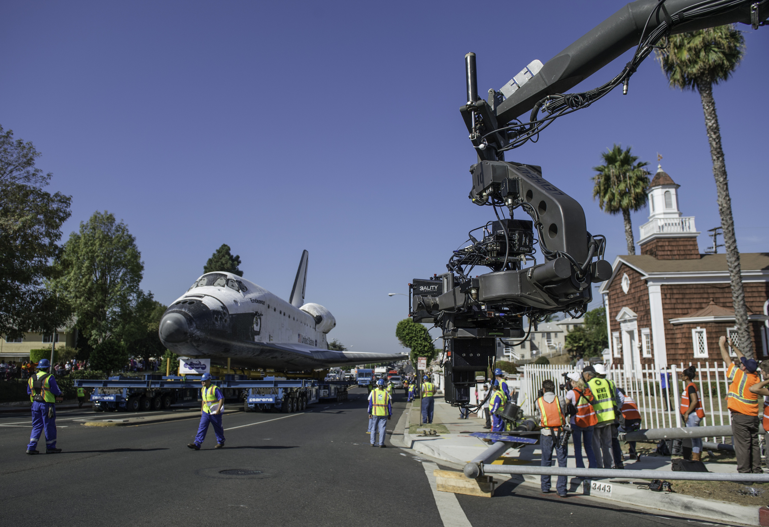 A 3D camera films the space shuttle Endeavour as it makes its way through the streets of Inglewood on its way to its new home at the California Science Center, Saturday, Oct. 13, 2012. Endeavour, built as a replacement for space shuttle Challenger,