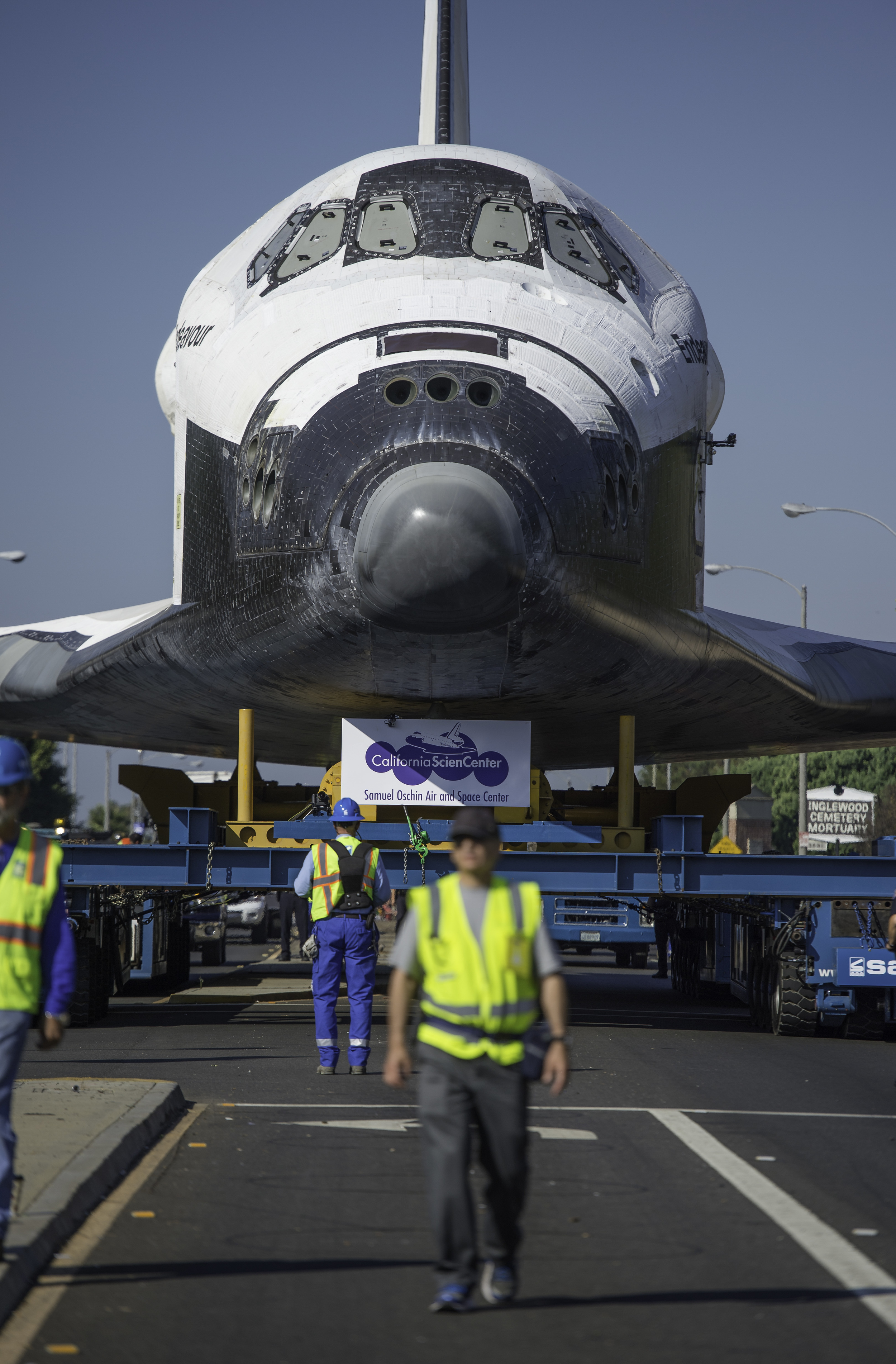  The space shuttle Endeavour is seen as it is maneuvered through the streets of Inglewood on its way to its new home at the California Science Center, Saturday, Oct. 13, 2012. Endeavour, built as a replacement for space shuttle Challenger, completed 
