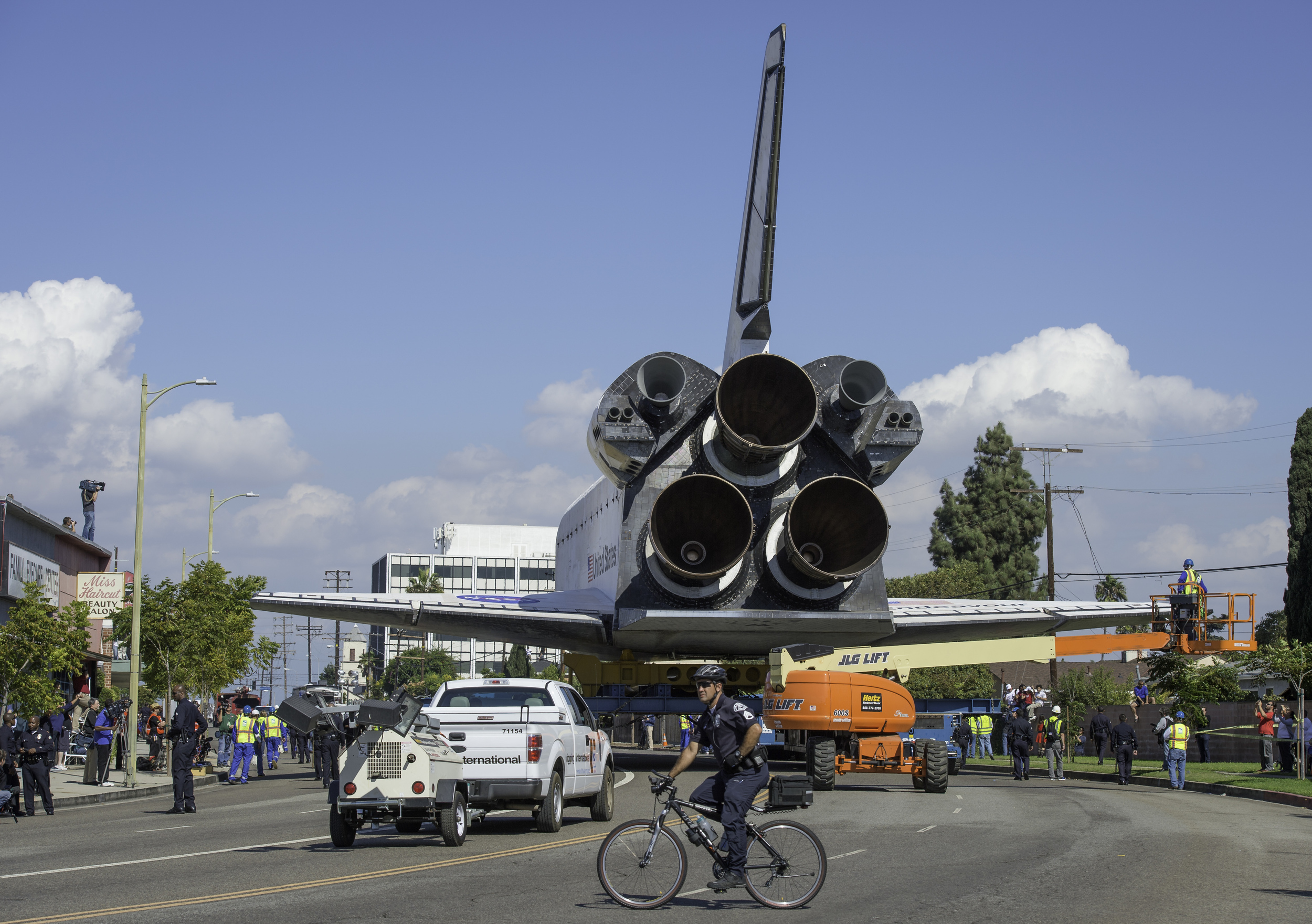  Space shuttle Endeavour is seen as it makes its way to its new home at the California Science Center in Los Angeles, Friday, Oct. 12, 2012. Endeavour, built as a replacement for space shuttle Challenger, completed 25 missions, spent 299 days in orbi
