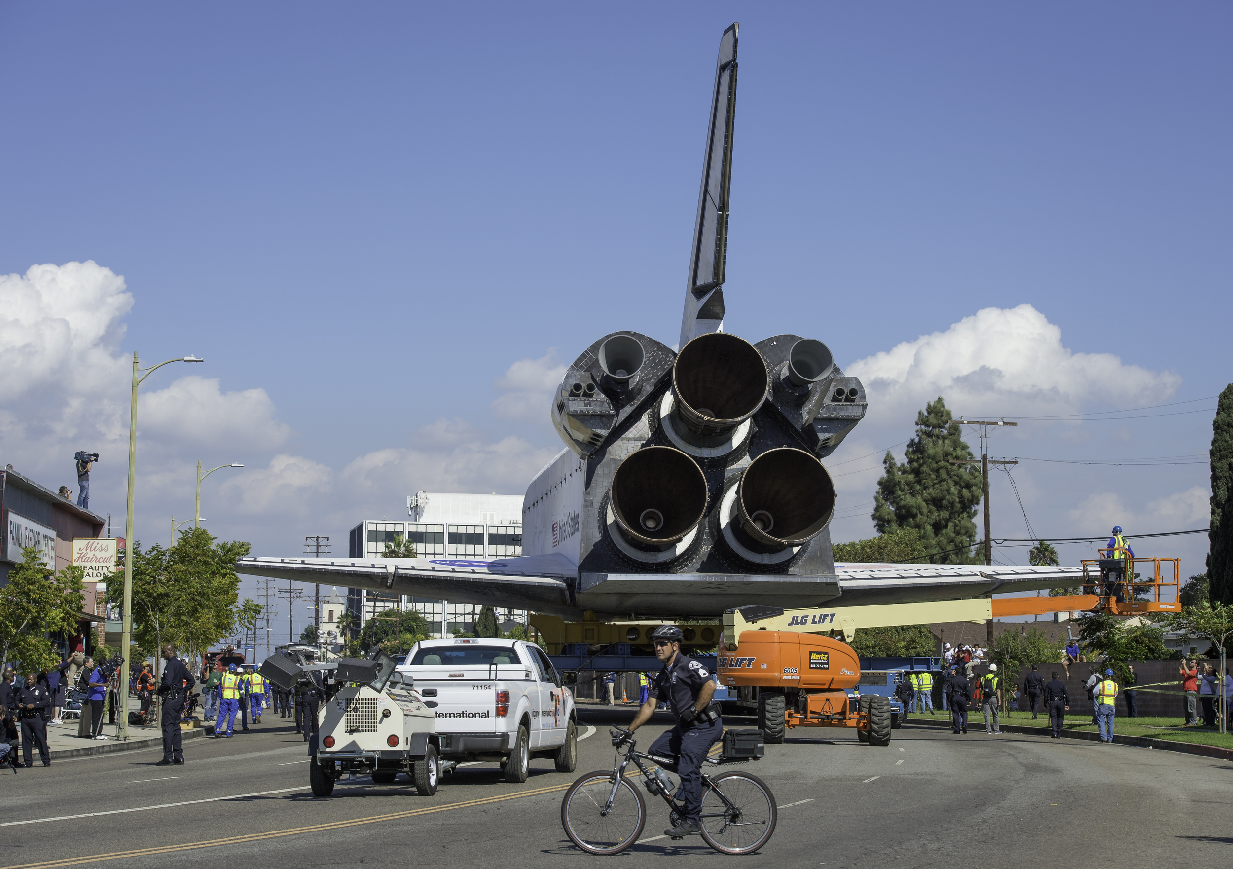 Space shuttle Endeavour is seen as it makes its way to its new home at the California Science Center in Los Angeles, Friday, Oct. 12, 2012. Endeavour, built as a replacement for space shuttle Challenger, completed 25 missions, spent 299 days in orbi