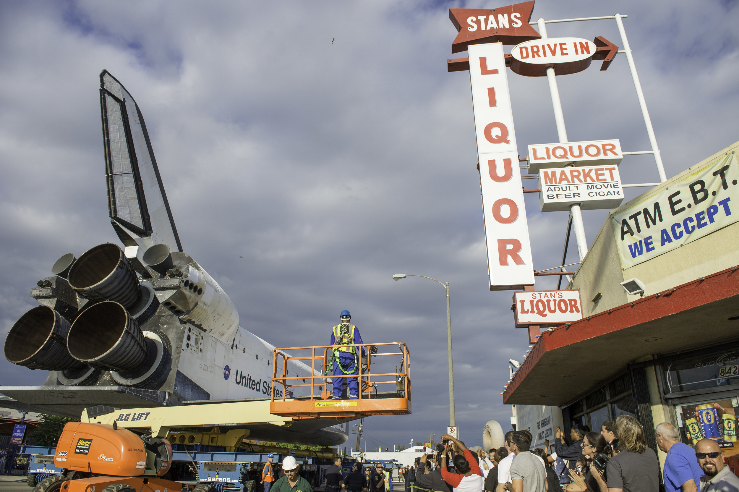 Space shuttle Endeavour is seen on its way to its new home at the California Science Center in Los Angeles, Friday, Oct. 12, 2012. Endeavour, built as a replacement for space shuttle Challenger, completed 25 missions, spent 299 days in orbit, and or