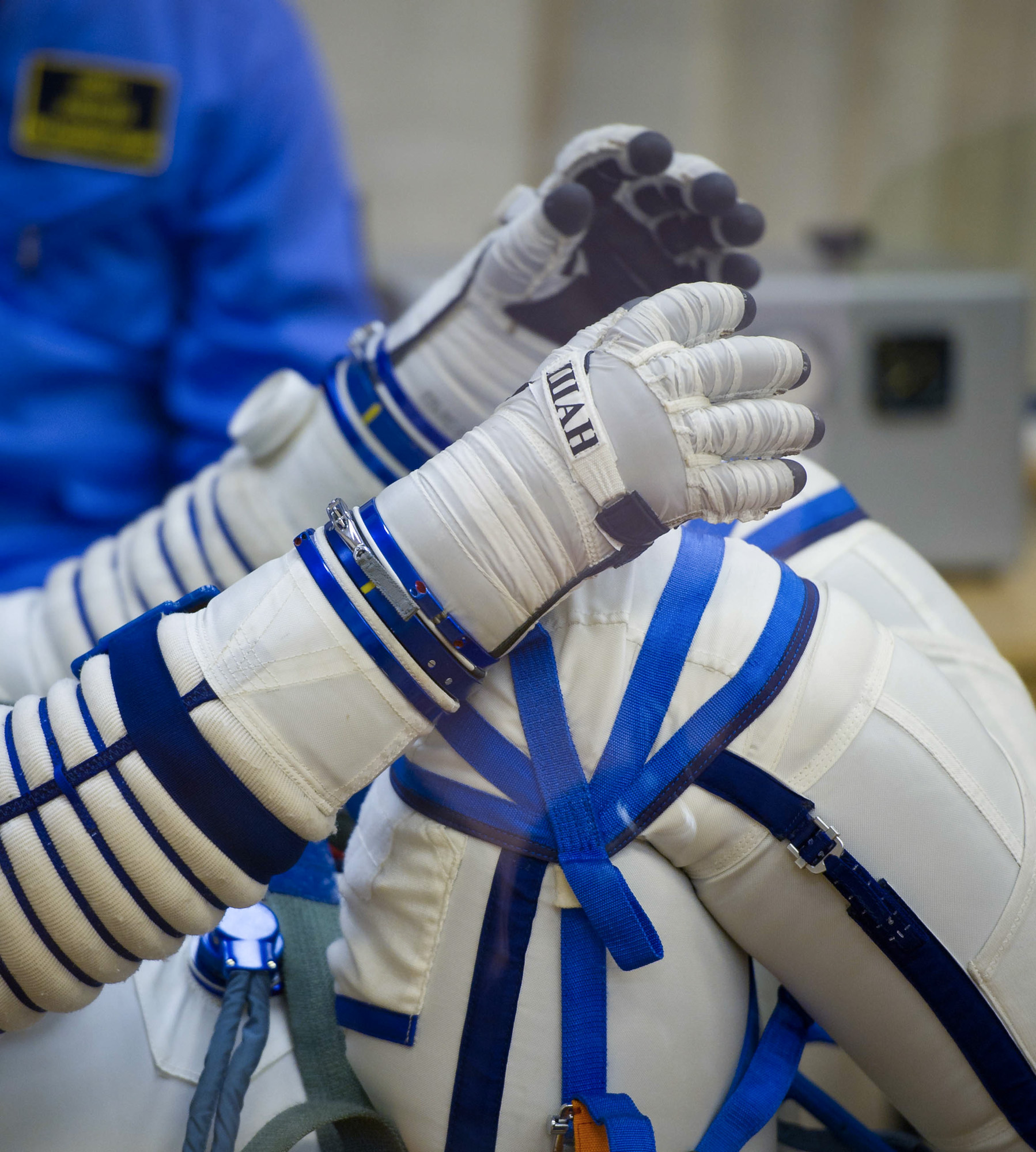  Expedition 29 Soyuz Commander Anton Shkaplerov has his Russian Sokol suit pressure checked in preparation for his launch to the International Space Station, Monday, Nov. 14, 2011 at the Baikonur Cosmodrome in Kazakhstan. The Soyuz TMA-22 spacecraft 