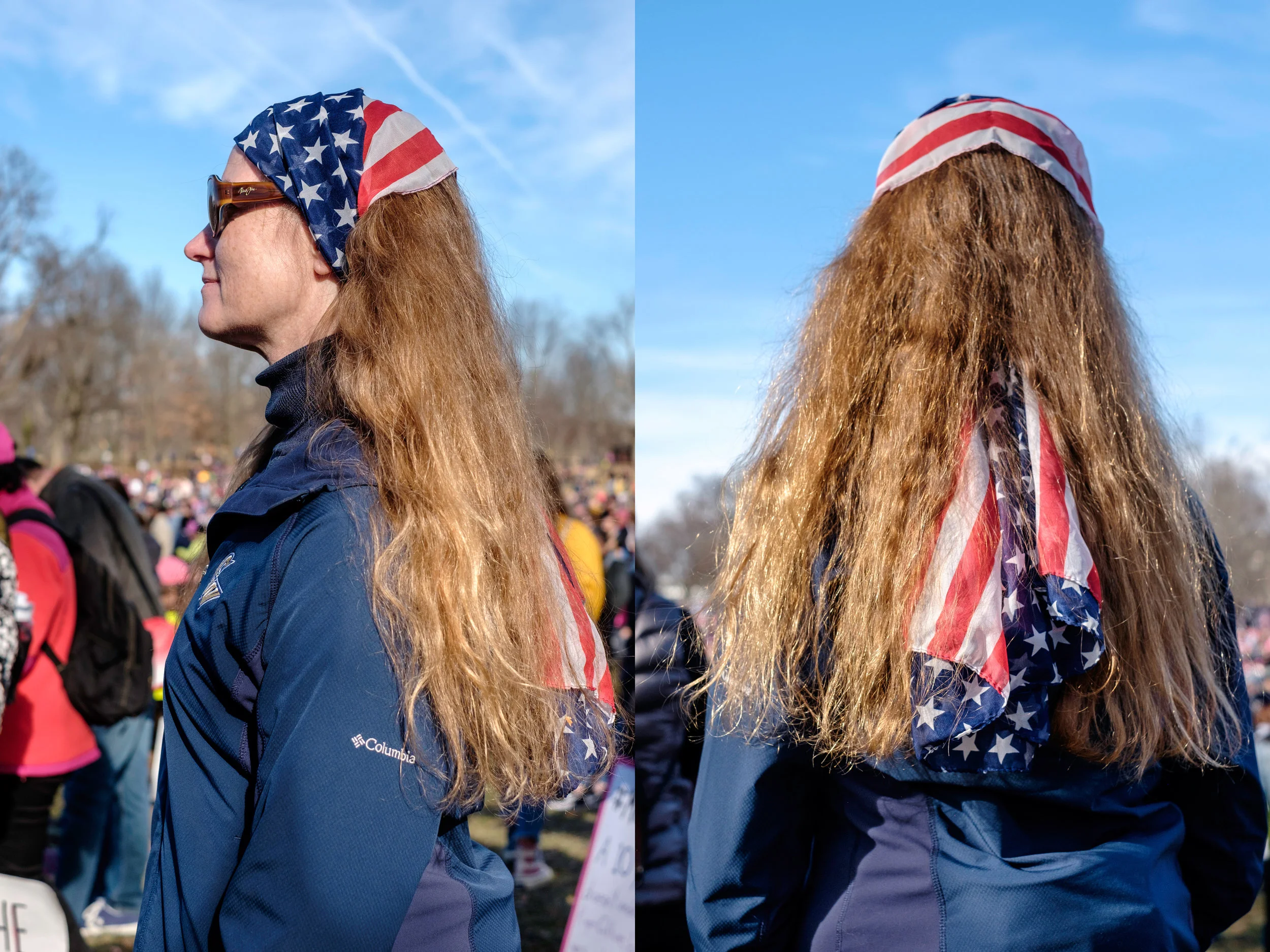 Jennifer Brinkerhoff from Maryland is seen at the anniversary of the Women’s March on Saturday, January 20, 2018 in Washington, DC. She had this to share about why she was in attendance at the march, “I’m here today because this is such an important time in the history of our country, not just for women’s rights but for all rights. I’m wearing a scarf of the American flag that I got handed last year at this march. And I’m wearing it because now more than ever we also need to be proud of our country, and to be proud that we are able to do what we are doing here today. So in solidarity with those 'shit-hole' countries, we have rights, we need to exercise them and we need to embrace everyone.”